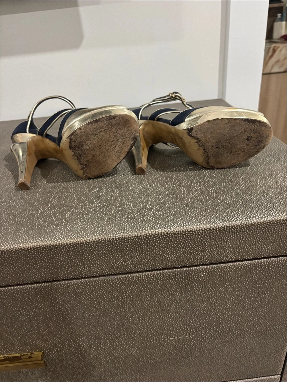 CHANEL Black and Gold Peep-Toe Platform Heels with Ankle Strap
